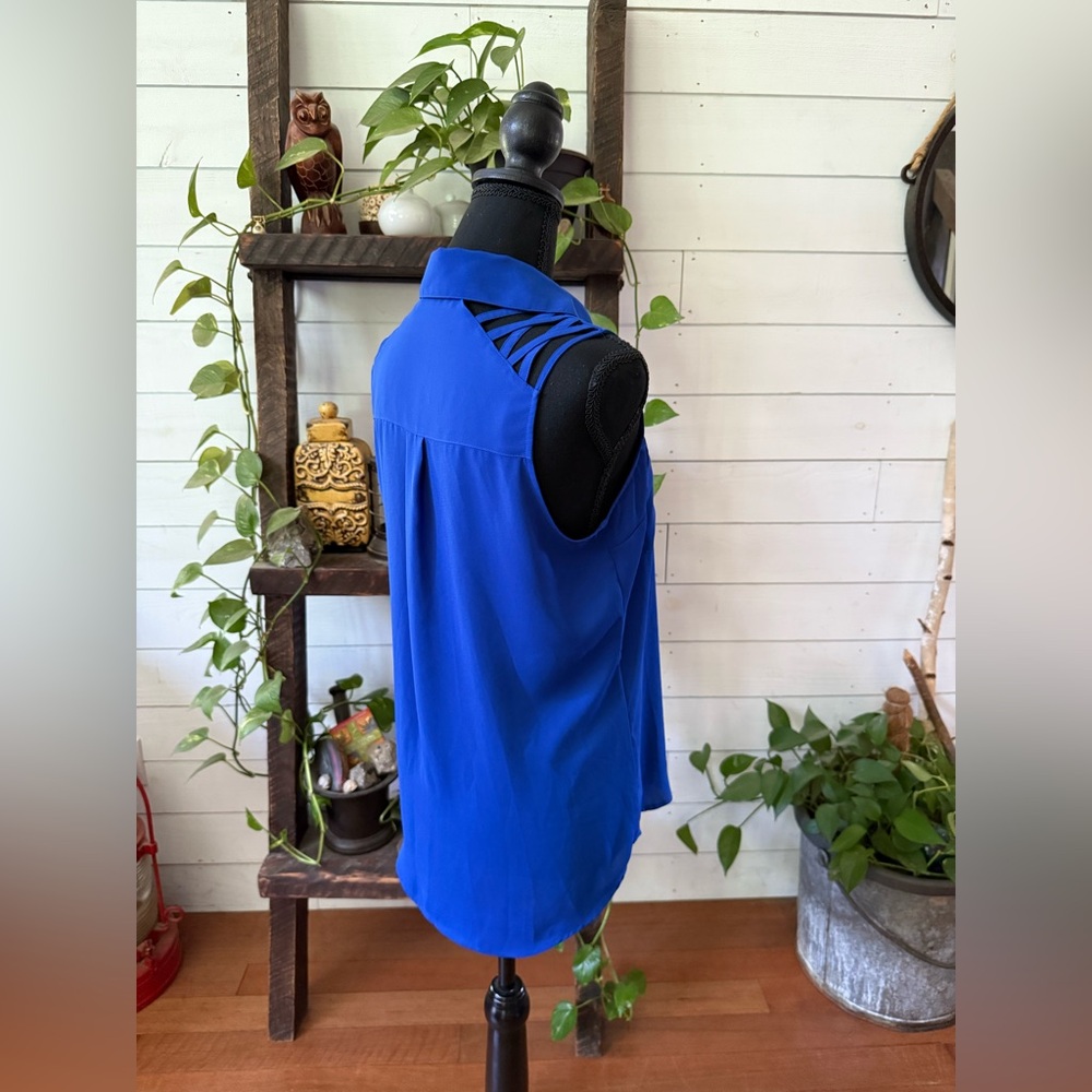 Express: Blue Sleeveless Button-Up Blouse with Cold Shoulder Back - Picture 15 of 17